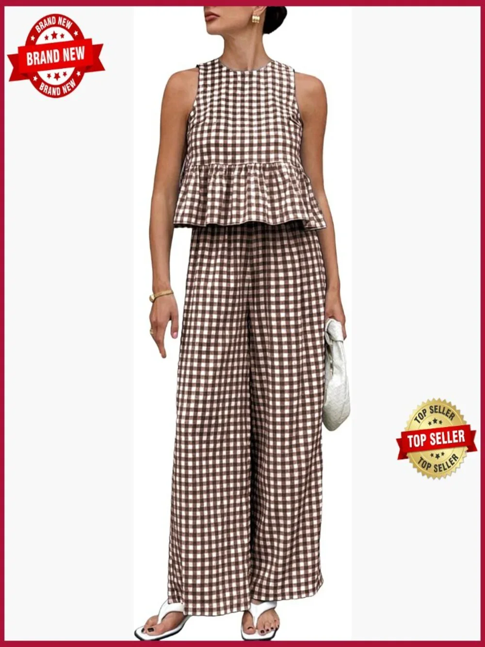 Gingham 2 Piece Outfit Sleeveless Tank with Wide Leg Pants Summer Lounge Set